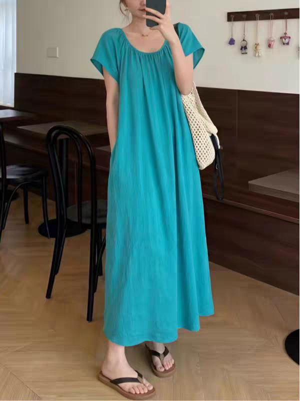 Summer New French Style Short Sleeve Lazy Dress Plus Size Slimming Midi Beach Dress