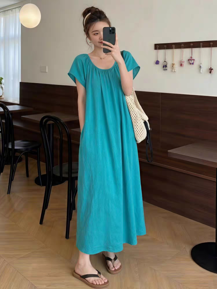 Summer New French Style Short Sleeve Lazy Dress Plus Size Slimming Midi Beach Dress