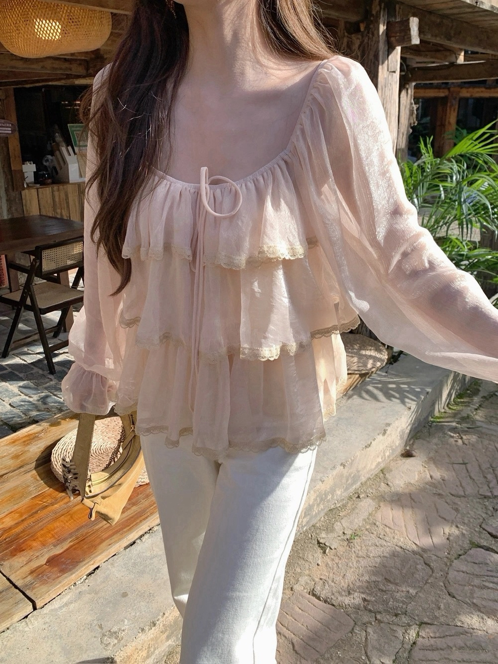 French Square Neck Tie Long Sleeve Shiny Chiffon Blouse for Women - Image 4