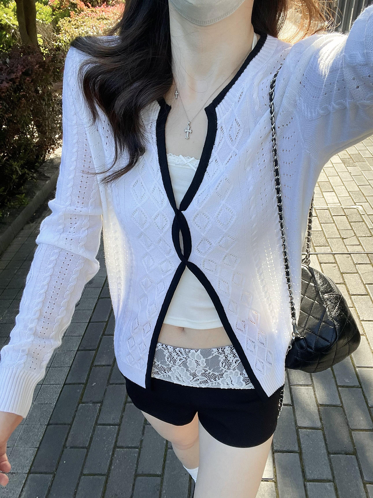 Women's Open Knit Cardigan with Twist Detail Long Sleeve Top
