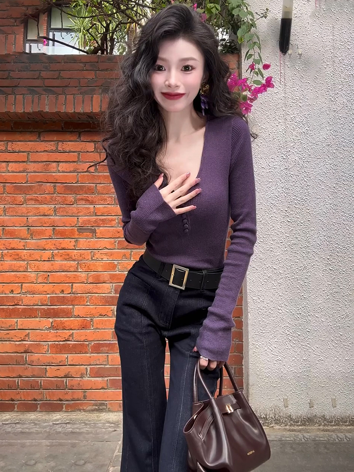 Women’s Slim Fit Long Sleeve Knit Base Layer Top – Purple