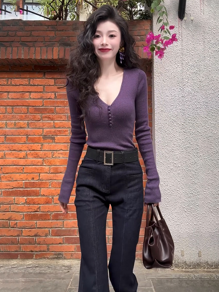 Women’s Slim Fit Long Sleeve Knit Base Layer Top – Purple