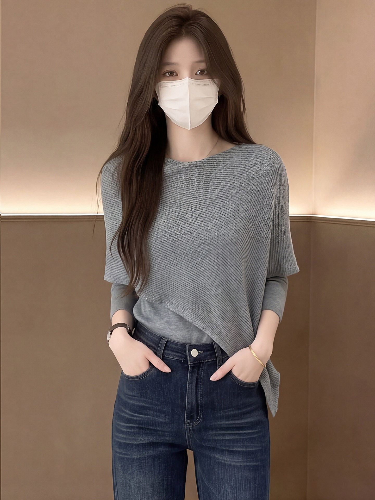 Early Autumn Asymmetric Two-Piece Slimming Long Sleeve Knit Top – Style 60f56b