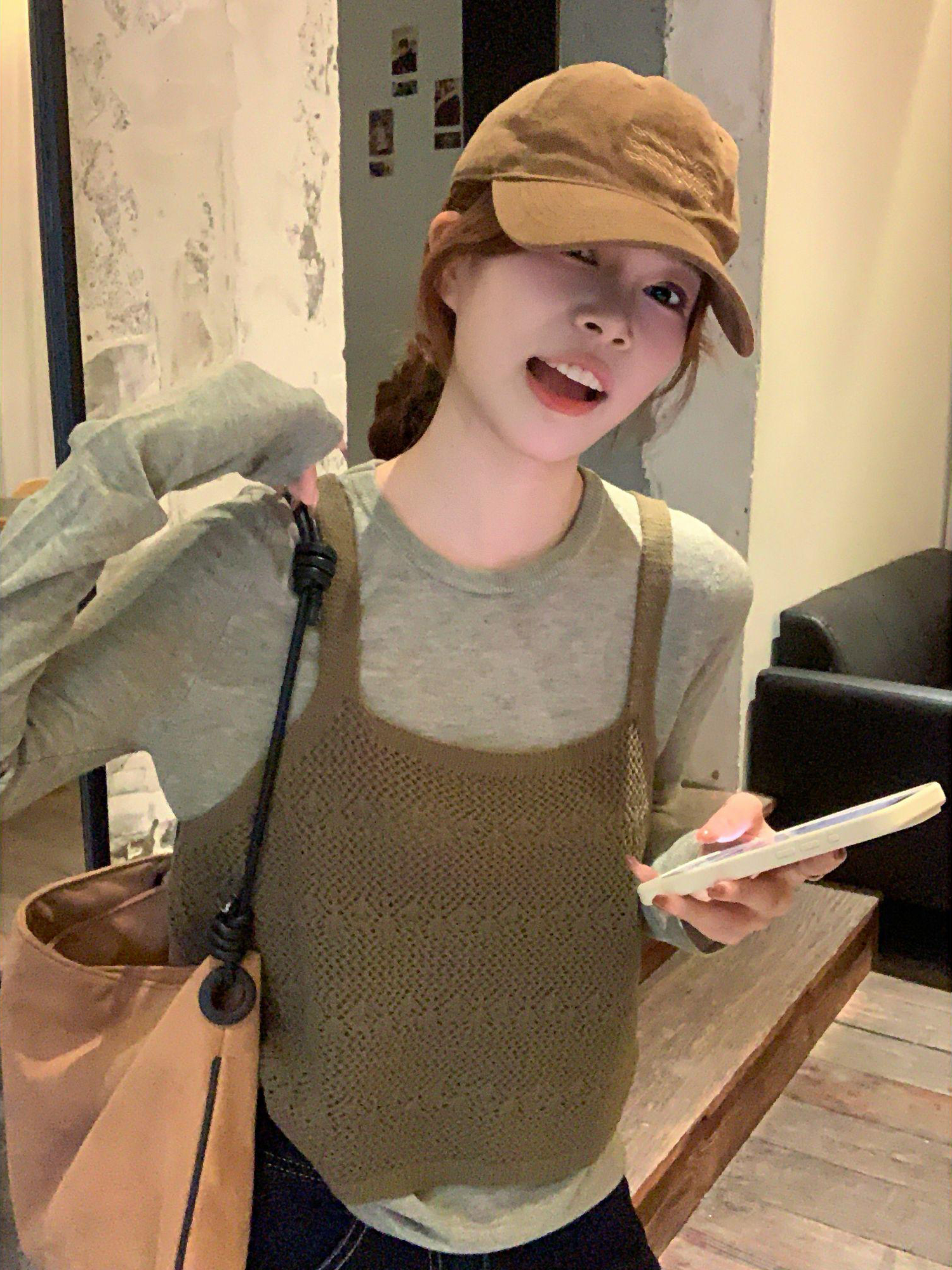 Korean Hollow Knit Cami Solid Two-Piece Layering Top